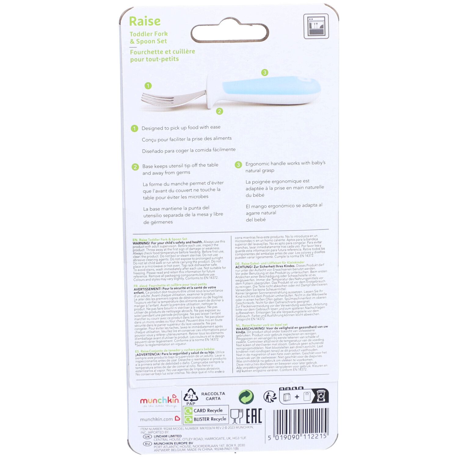 Achterkant van de verpakking van de MUNCHKIN Raise set. Meertalige tekst, productkenmerken, waarschuwingen en recyclingsymbolen.
