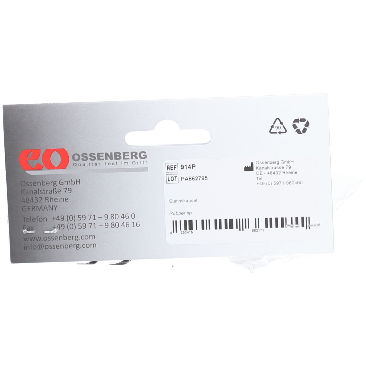 Dos de l'emballage avec logo Ossenberg, informations produit, code-barres et symboles de recyclage.