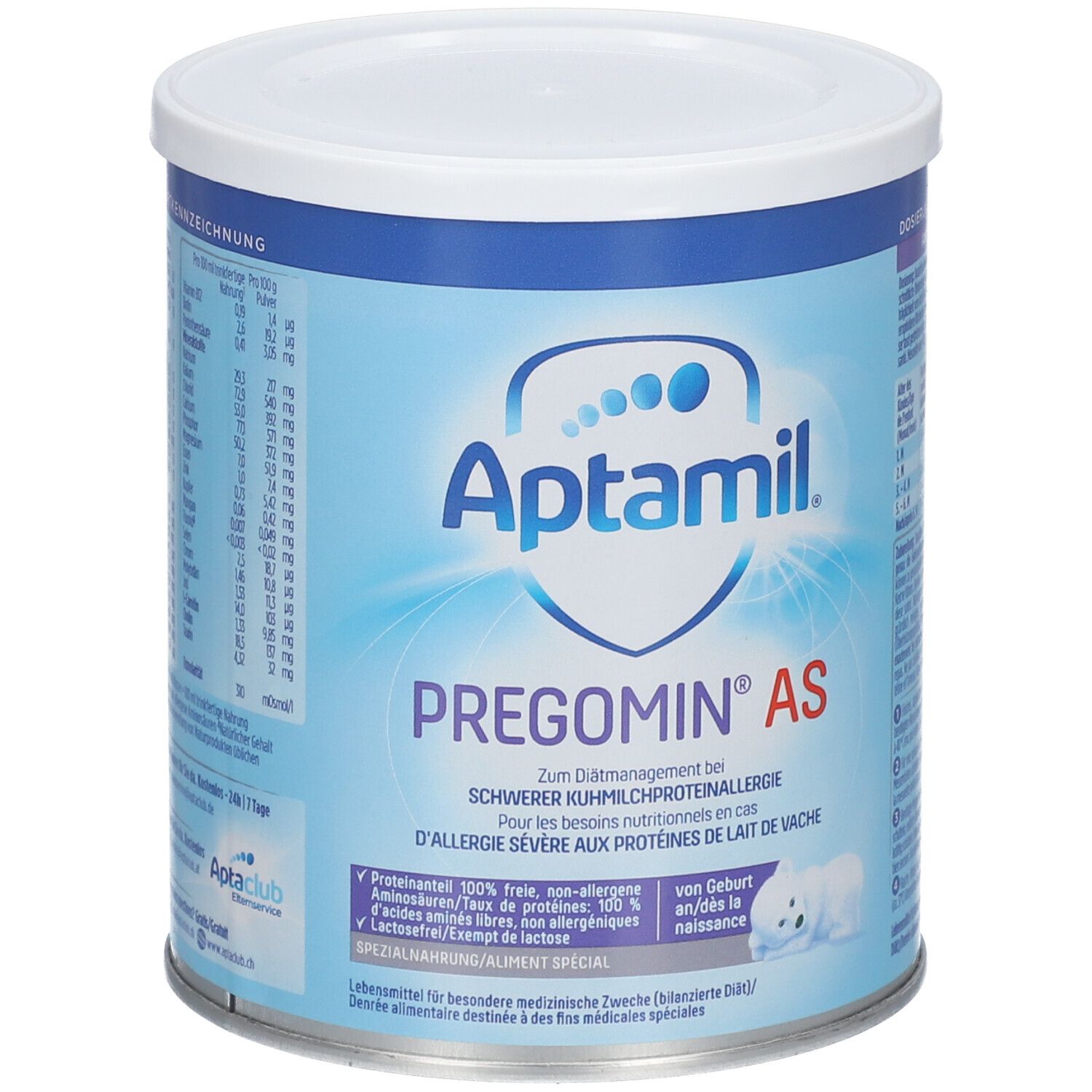 Boîte Aptamil Pregomin AS. Boîte bleue avec couvercle blanc. Texte: Pregomin AS, pour allergies sévères aux protéines de lait.