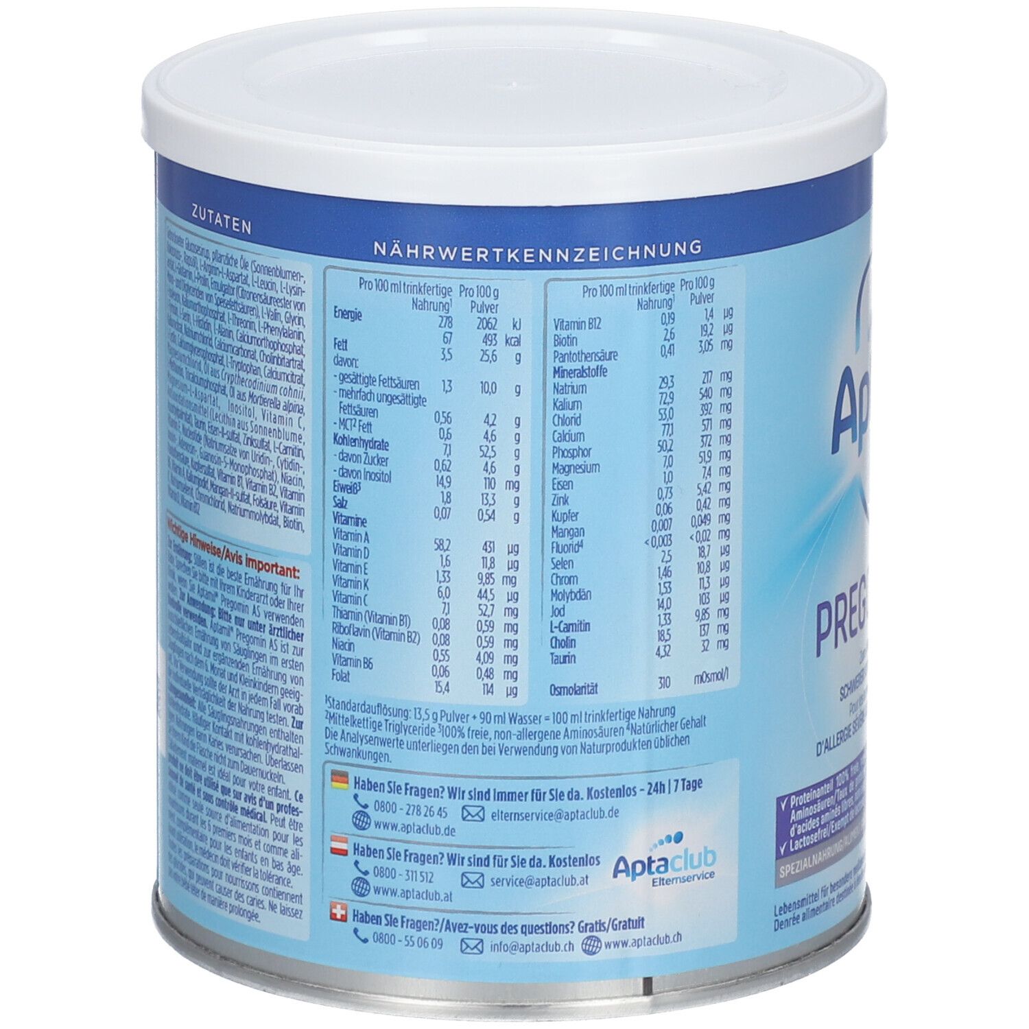 Dos de la boîte Aptamil Pregomin AS. Tableau nutritionnel et texte. Boîte bleue avec couvercle blanc.