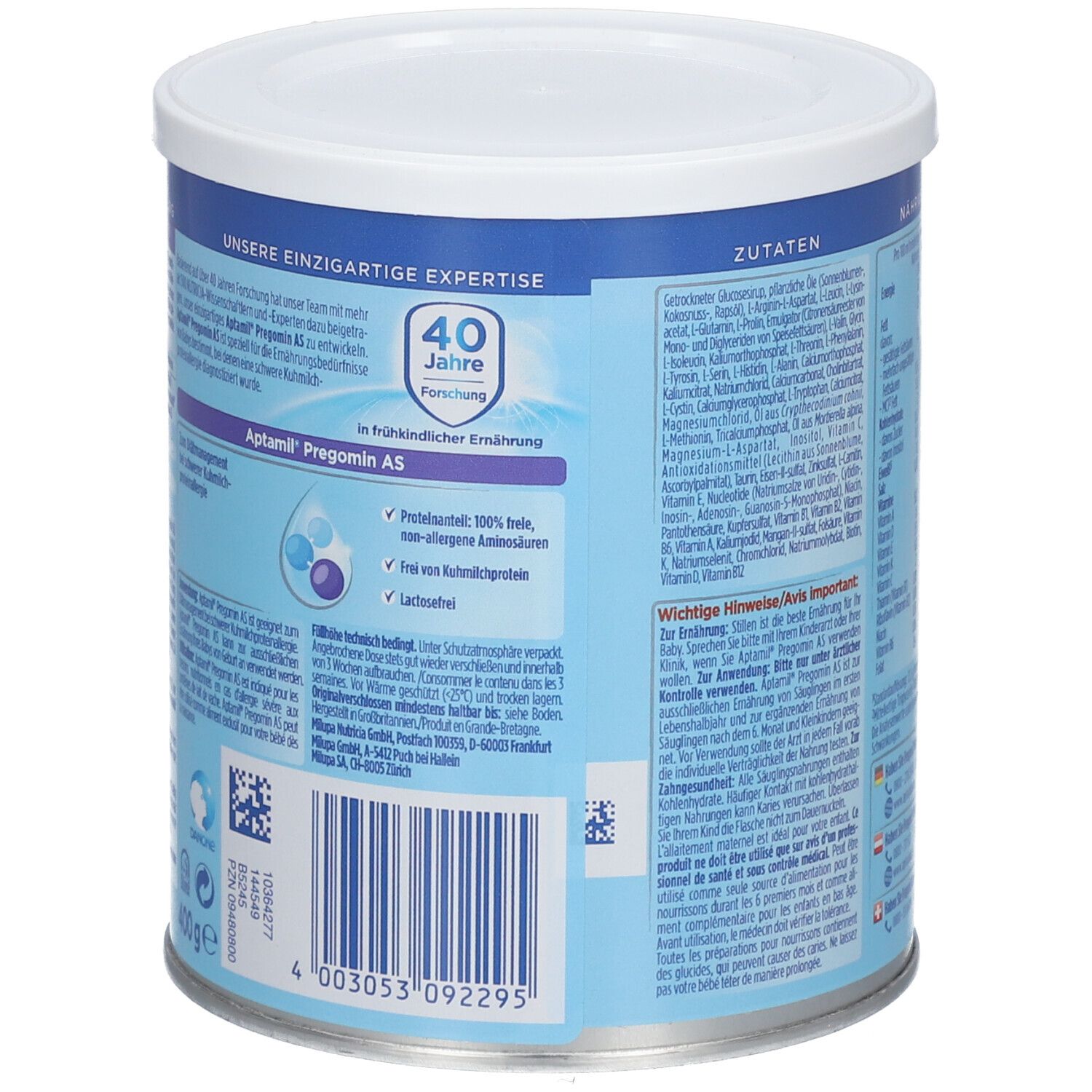 Côté de la boîte Aptamil Pregomin AS. Texte: Notre expertise unique, 40 ans de recherche. Boîte bleue avec couvercle blanc.