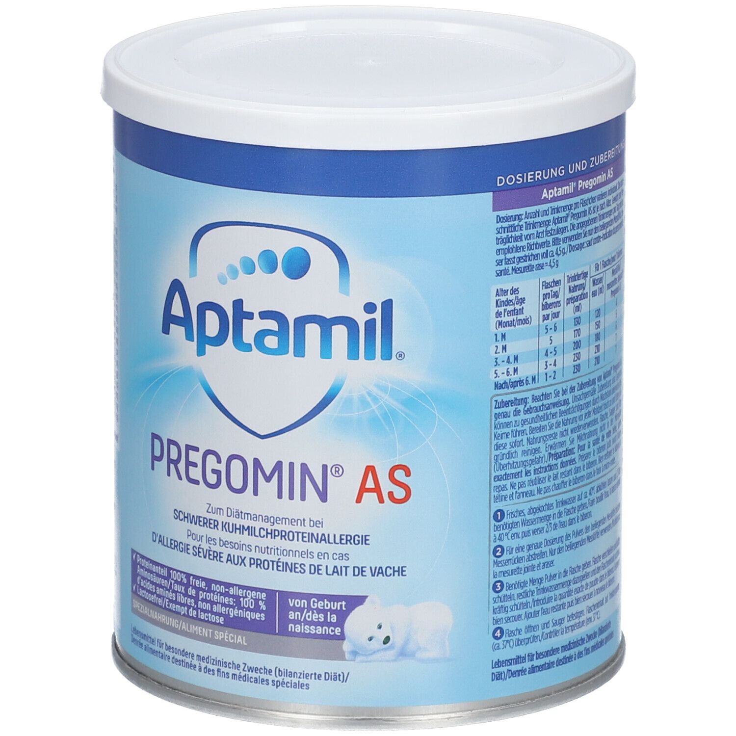 Boîte Aptamil Pregomin AS. Boîte bleue avec couvercle blanc. Texte: Pregomin AS, pour allergies sévères aux protéines de lait.