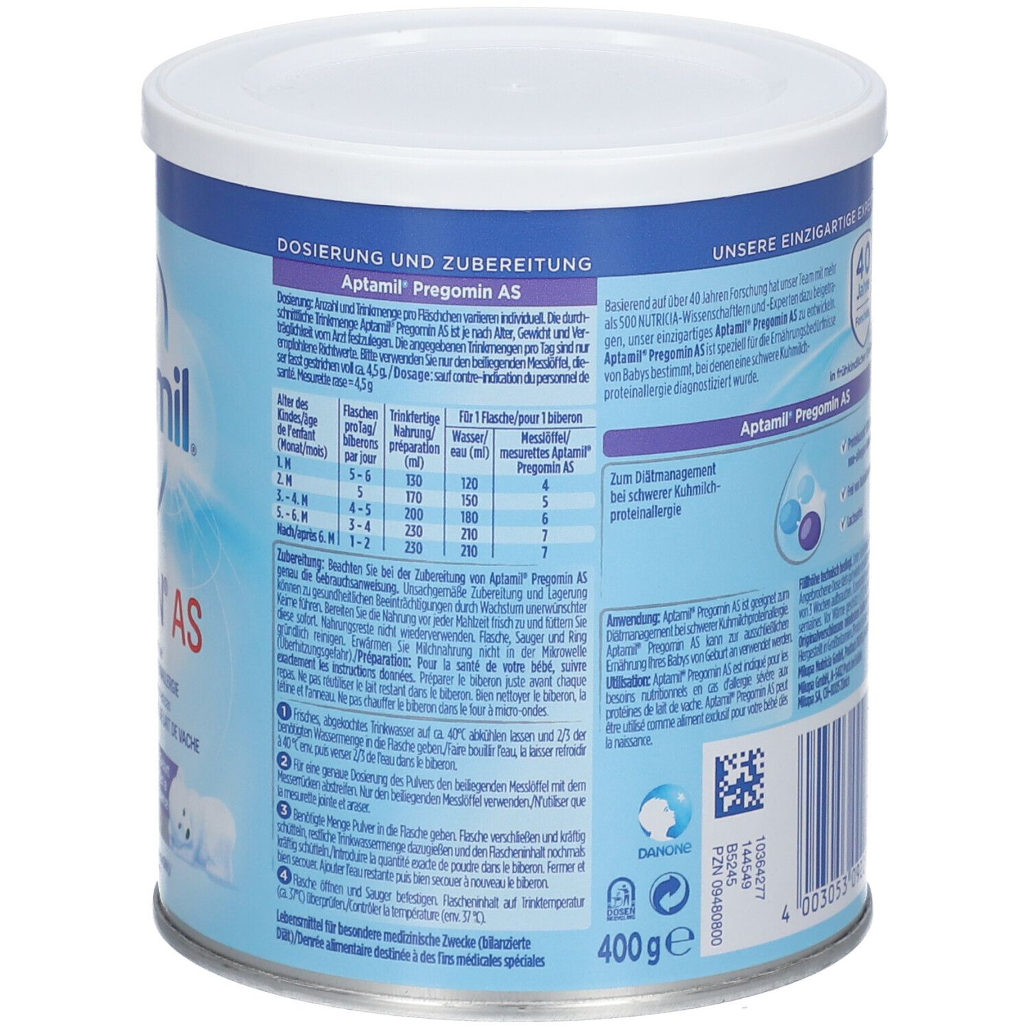 Côté de la boîte Aptamil Pregomin AS. Texte: Dosage et préparation. Boîte bleue avec couvercle blanc. 400g.