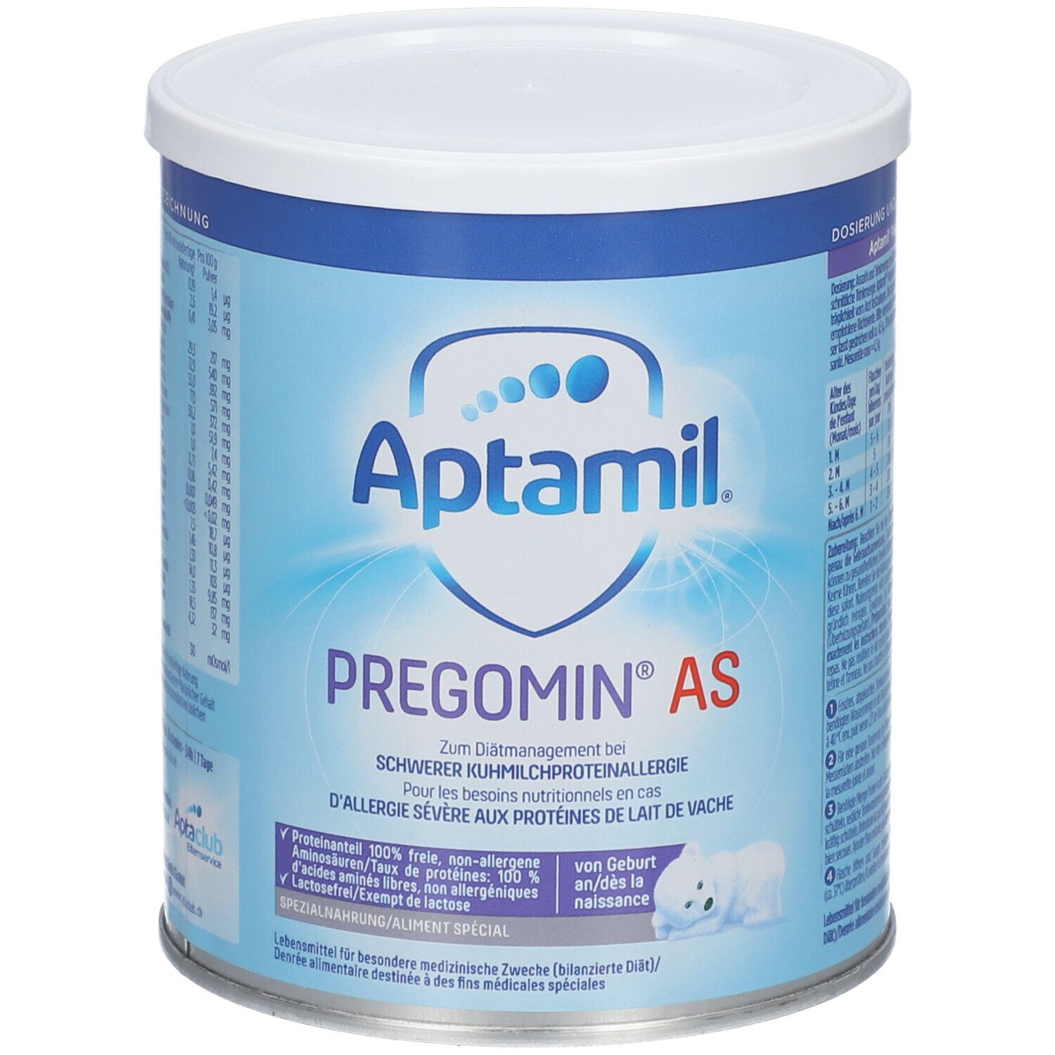 Boîte Aptamil Pregomin AS. Boîte bleue avec couvercle blanc. Texte: Pregomin AS, pour allergies sévères aux protéines de lait.