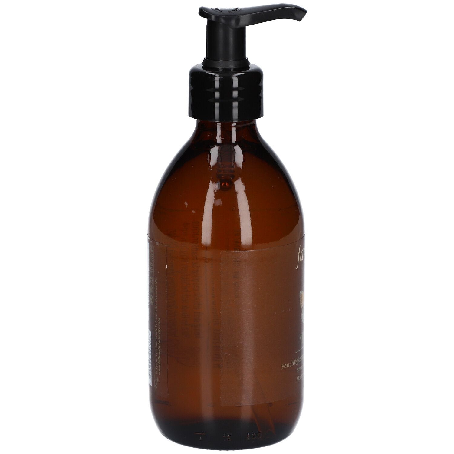 Flacon en verre brun avec pompe noire. Vue latérale. Aucun autre détail visible.