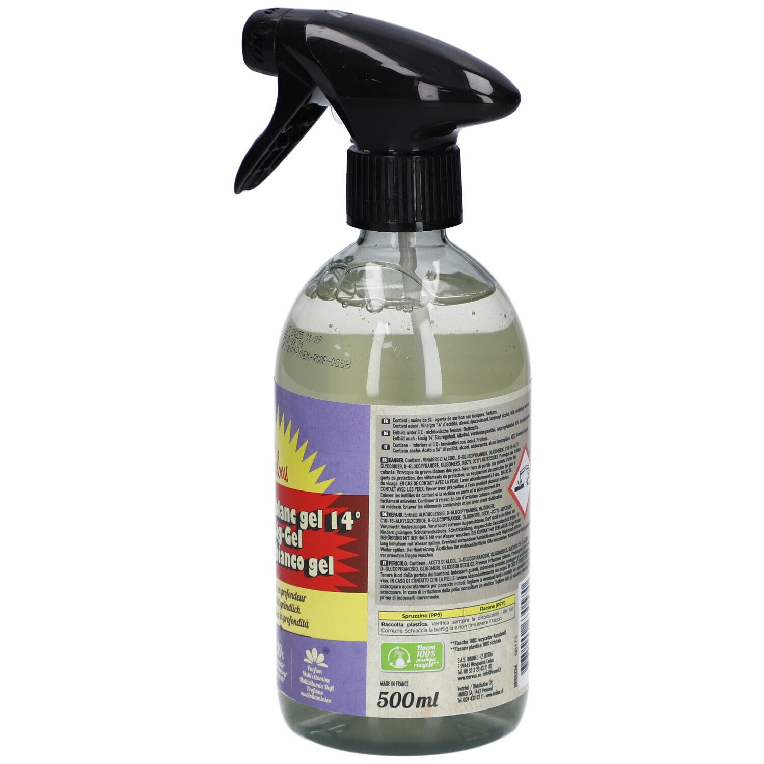 Dos d'un flacon pulvérisateur. Étiquette avec texte, avertissements, symbole de danger et informations d'élimination. 500ml.