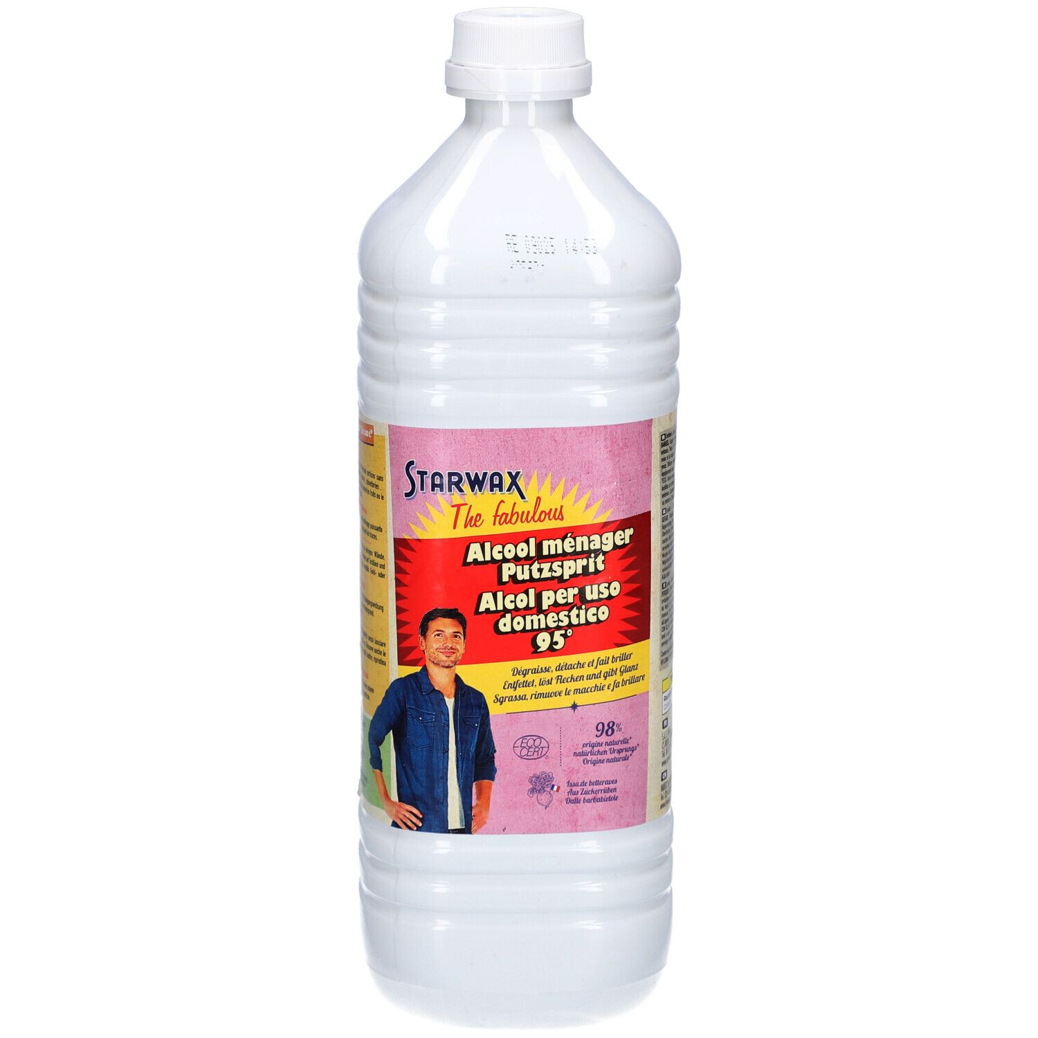 Bouteille Starwax®. Étiquette : Alcool ménager Putzsprit 95°. Homme sur l'étiquette.