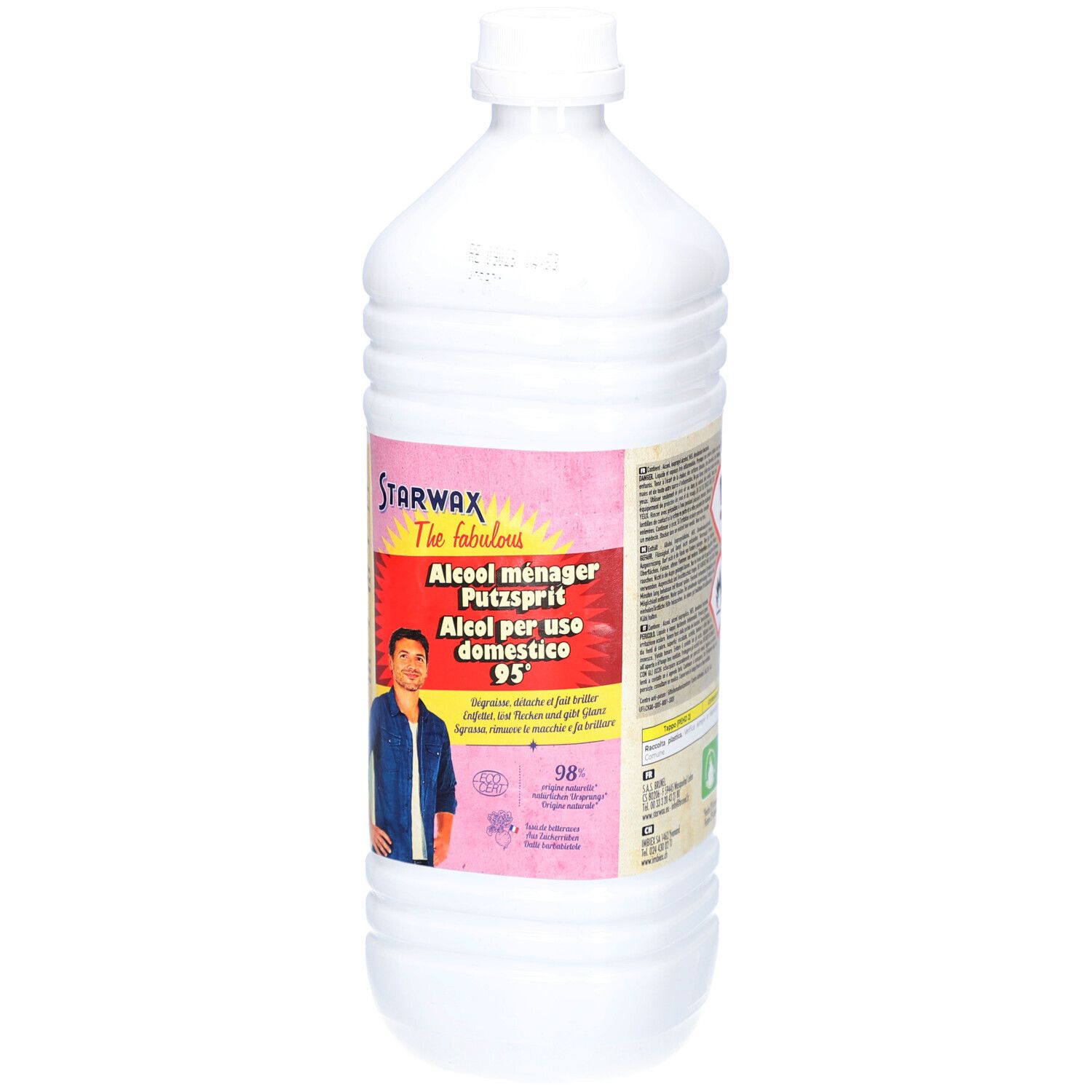 Bouteille Starwax®. Étiquette : Alcool ménager Putzsprit 95°. Homme sur l'étiquette.