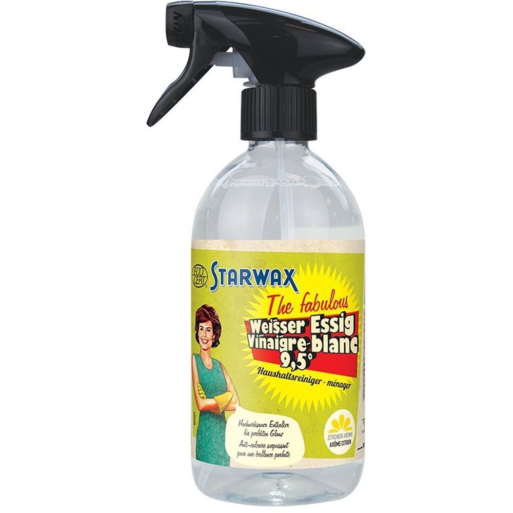Flacon transparent avec pulvérisateur noir. Étiquette STARWAX, nom du produit et image d'une femme. Vinaigre blanc avec citron.
