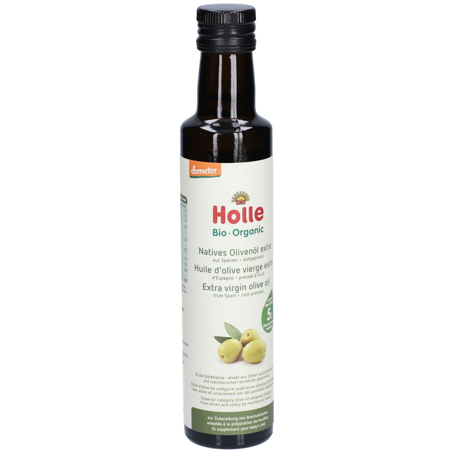 Bouteille en verre brun avec bouchon noir. Étiquette avec logo Holle, olives et texte : Huile d'olive vierge extra.
