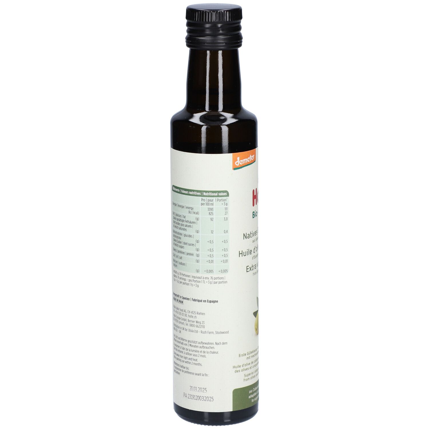 Dos de la bouteille en verre brun. Étiquette avec informations nutritionnelles et texte.