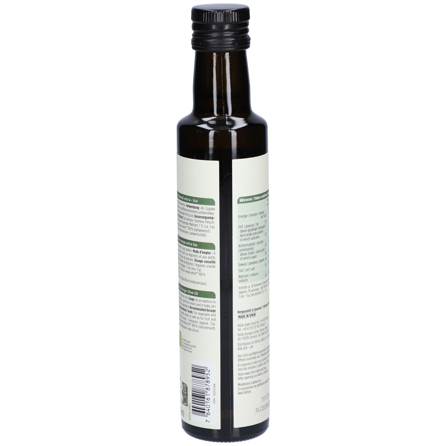 Dos de la bouteille en verre brun. Étiquette avec informations nutritionnelles et texte.