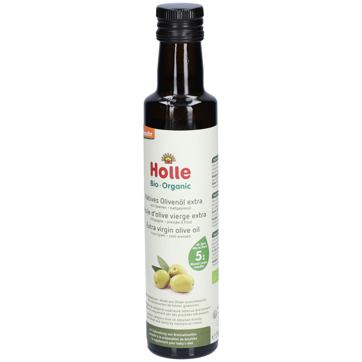 Bouteille en verre brun avec bouchon noir. Étiquette avec logo Holle, olives et texte : Huile d'olive vierge extra.