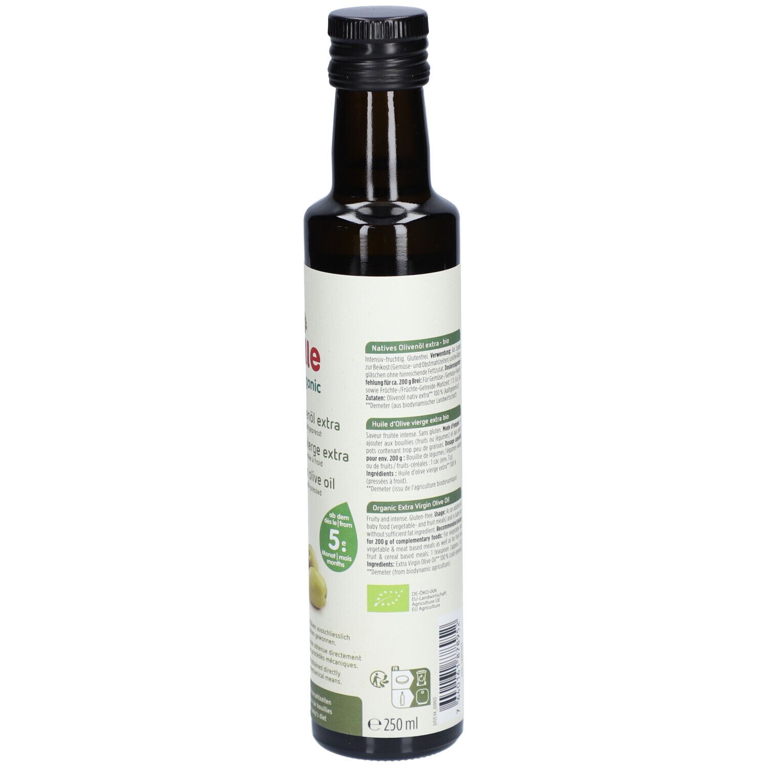 Dos de la bouteille en verre brun. Étiquette avec informations nutritionnelles et texte.