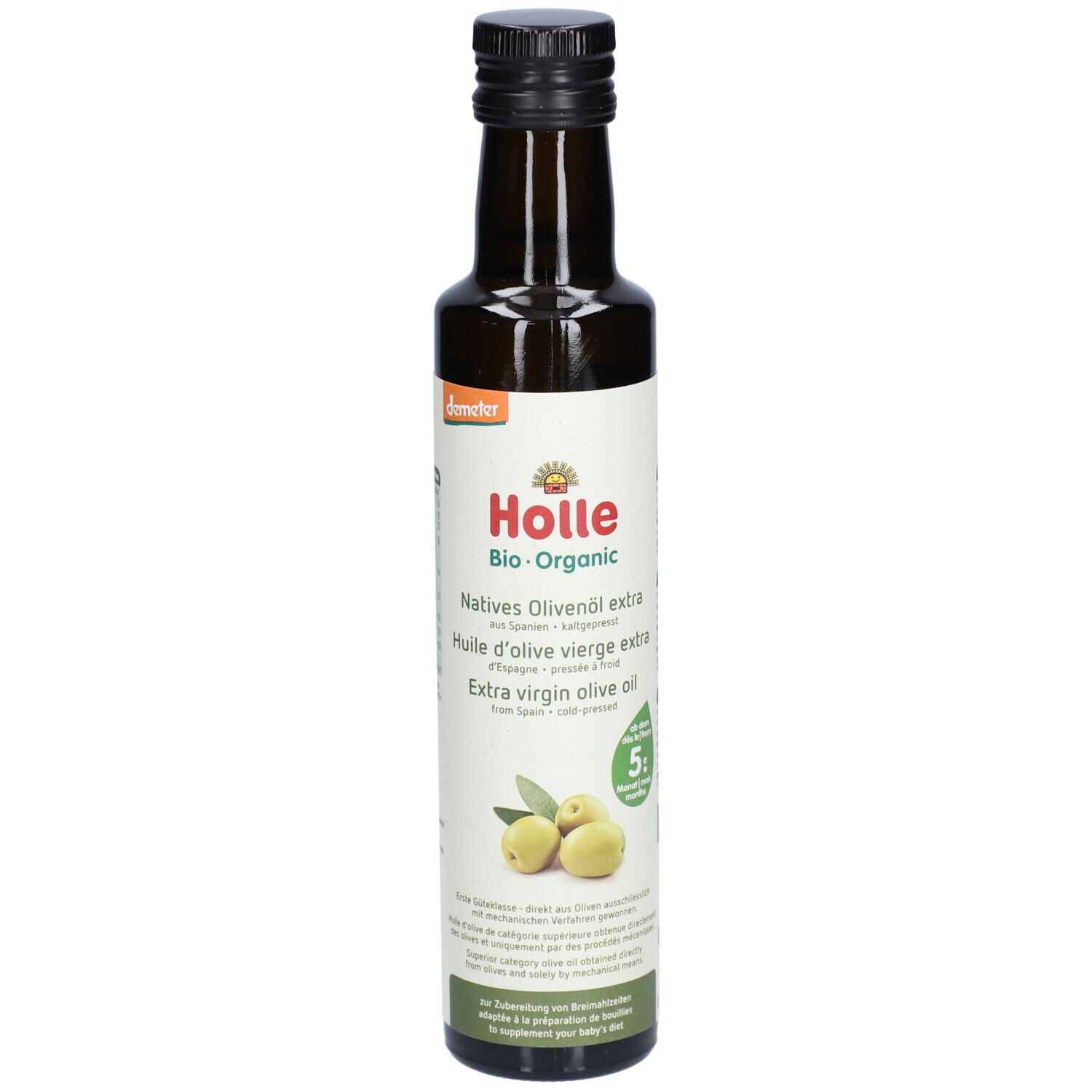 Bouteille en verre brun avec bouchon noir. Étiquette avec logo Holle, olives et texte : Huile d'olive vierge extra.