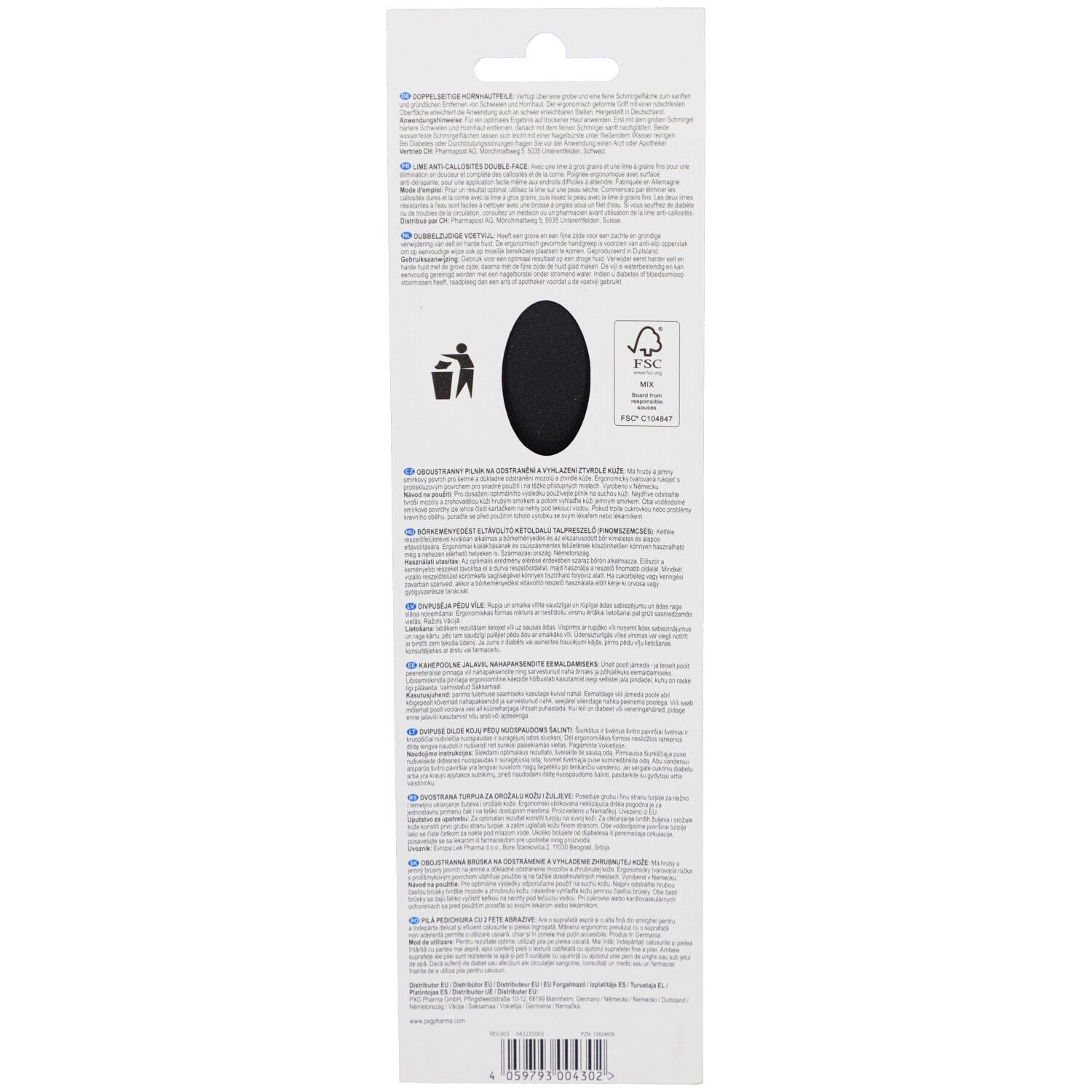 Dos de l'emballage. Lime à callosités noire, texte, symbole de recyclage, label FSC.