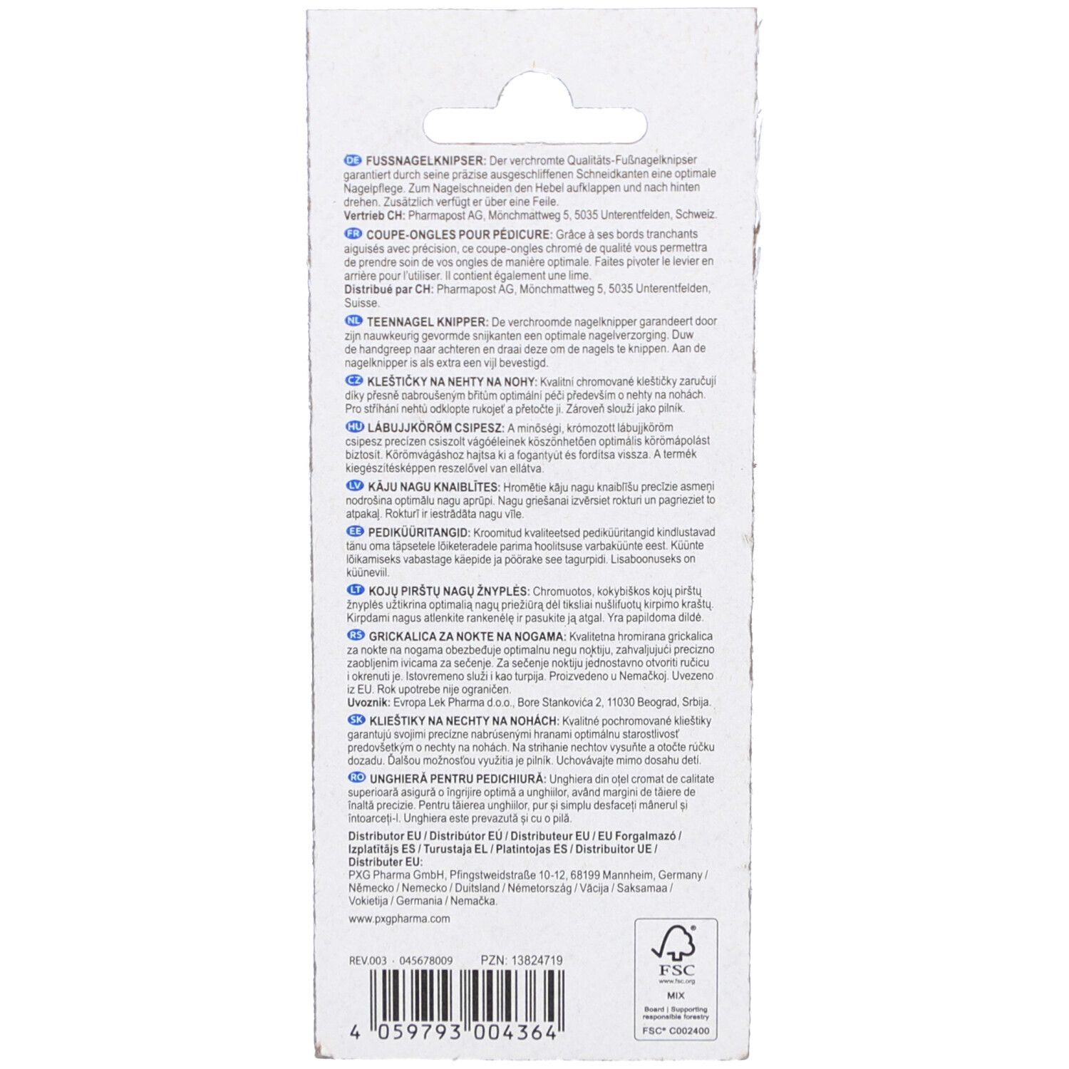 Dos de l'emballage. Texte multilingue. Certification FSC. Code-barres et informations fabricant.