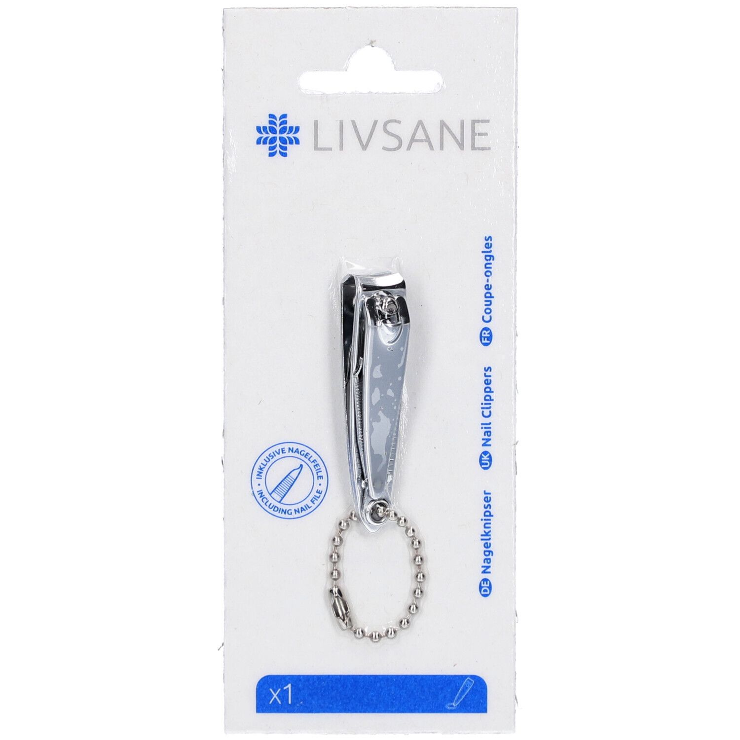 Chromen nagelknipper met ketting en vijl op witte kaart. LIVSANE-logo bovenaan. "X1" onderaan.