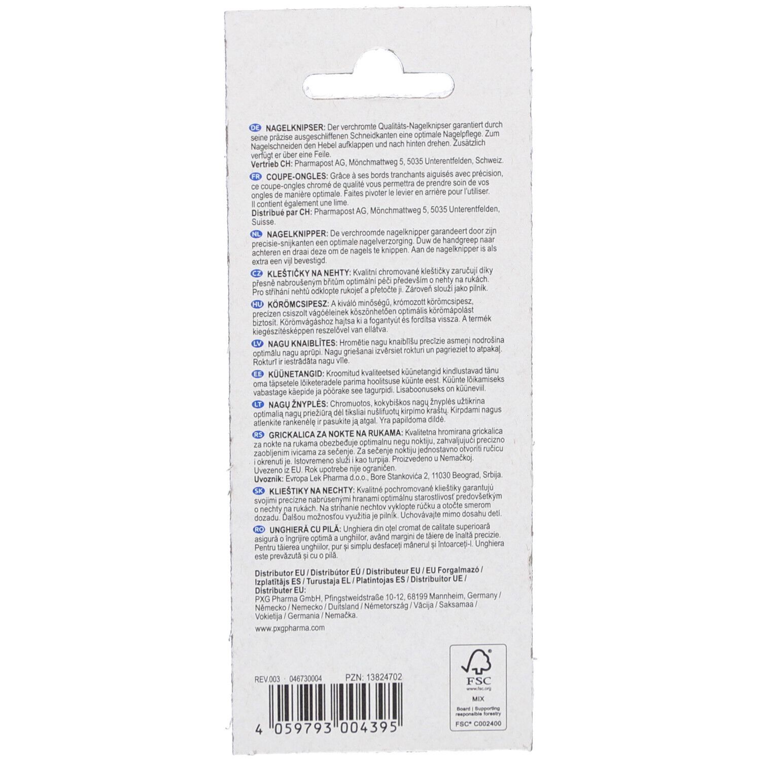Achterkant van de verpakking met tekst in meerdere talen. FSC-logo en barcode onderaan.
