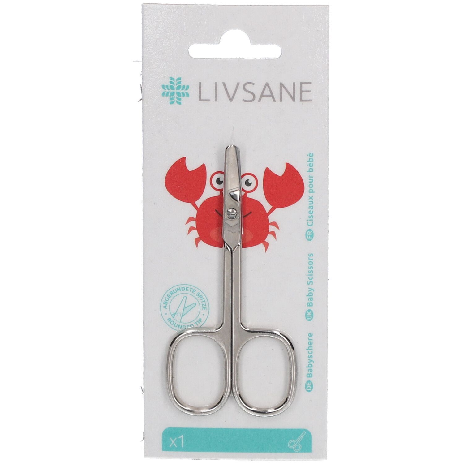 Ciseaux pour bébé LIVSANE avec lames arrondies, emballés. Inscription: Baby Scissors, Babyschere, Ciseaux pour bébé.