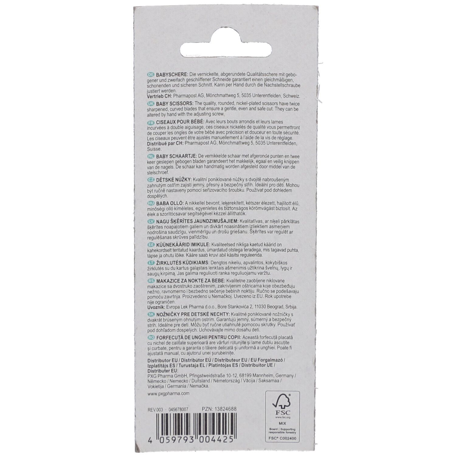 Dos de l'emballage des ciseaux pour bébé. Texte multilingue, dont allemand, anglais, français, italien et néerlandais.
