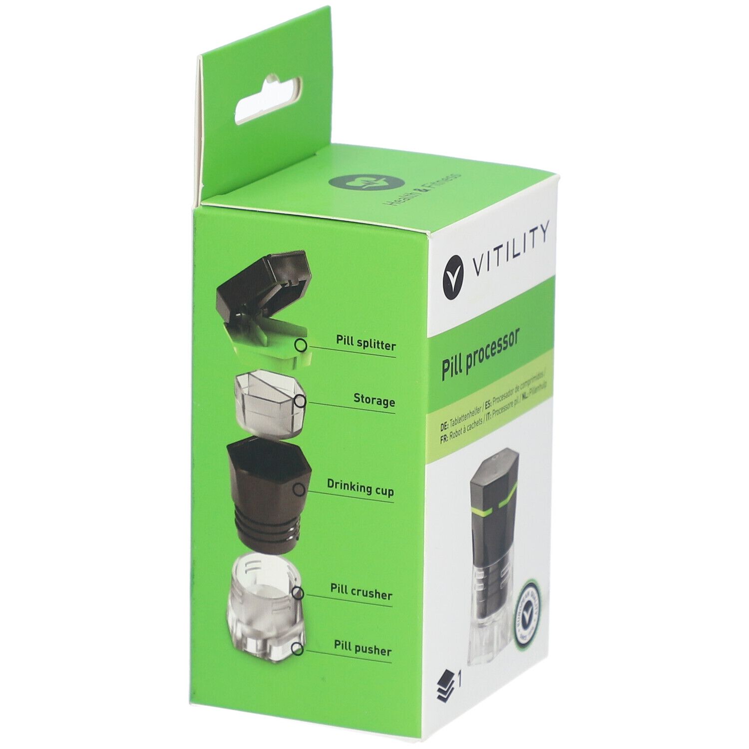 Groene verpakking met VITILITY-logo. Illustraties van componenten: pillensplijter, opslag, drinkbeker, pillenvermaler.