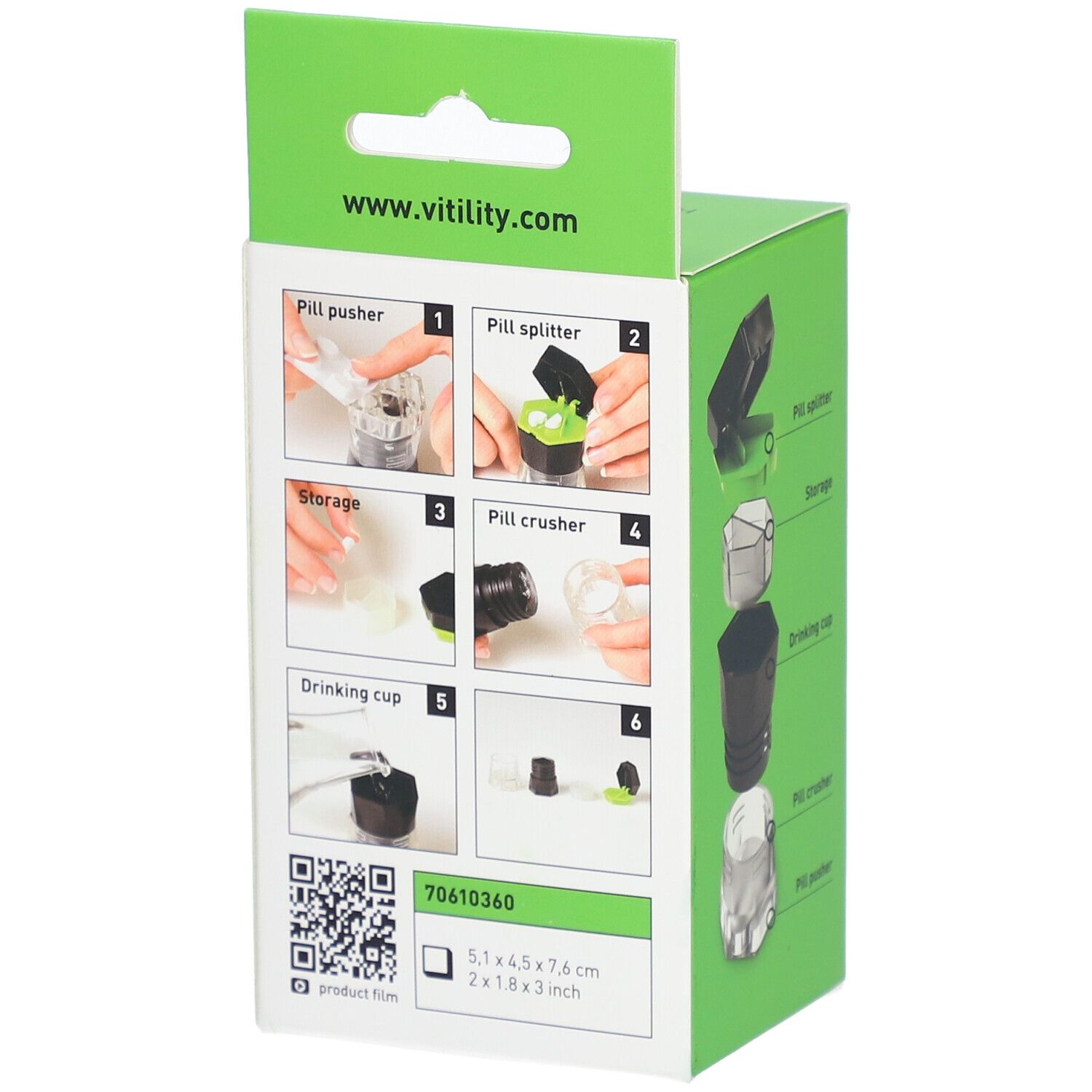 Achterkant van de groene verpakking. Gebruiksaanwijzingen. QR-code en afmetingen: 5,1x4,5x7,6 cm, 2x1,8x3 inch.