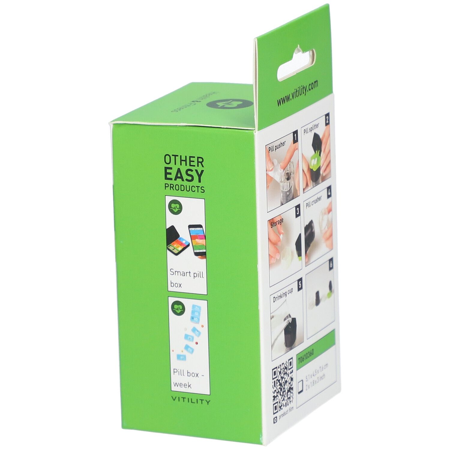 Groene verpakking met VITILITY-logo. Bevat Smart Pill Box en Pill box - week. Tekst: Other Easy Products.
