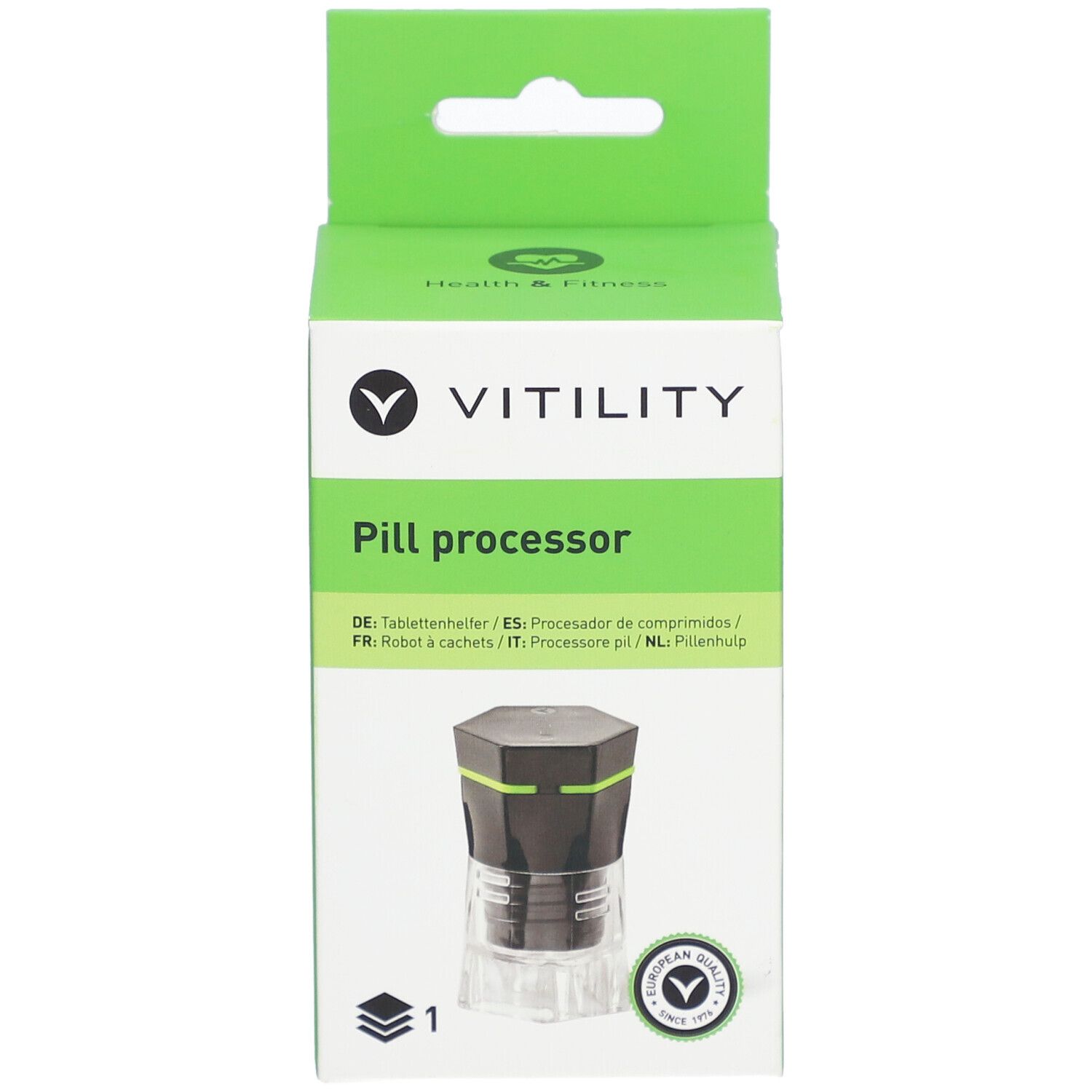 Groene verpakking met VITILITY-logo en productafbeelding. Tekst: Pill processor. Bevat een pillenvermaler.