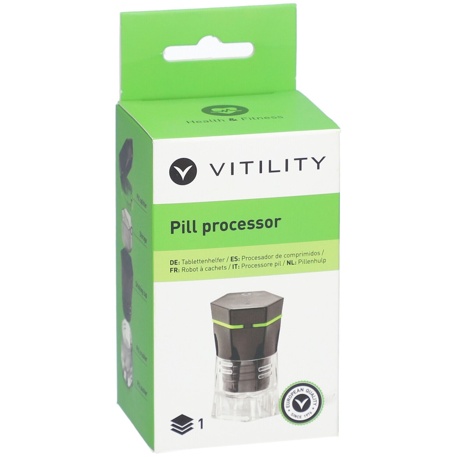 Groene verpakking met VITILITY-logo en productafbeelding. Tekst: Pill processor. Bevat een pillenvermaler.