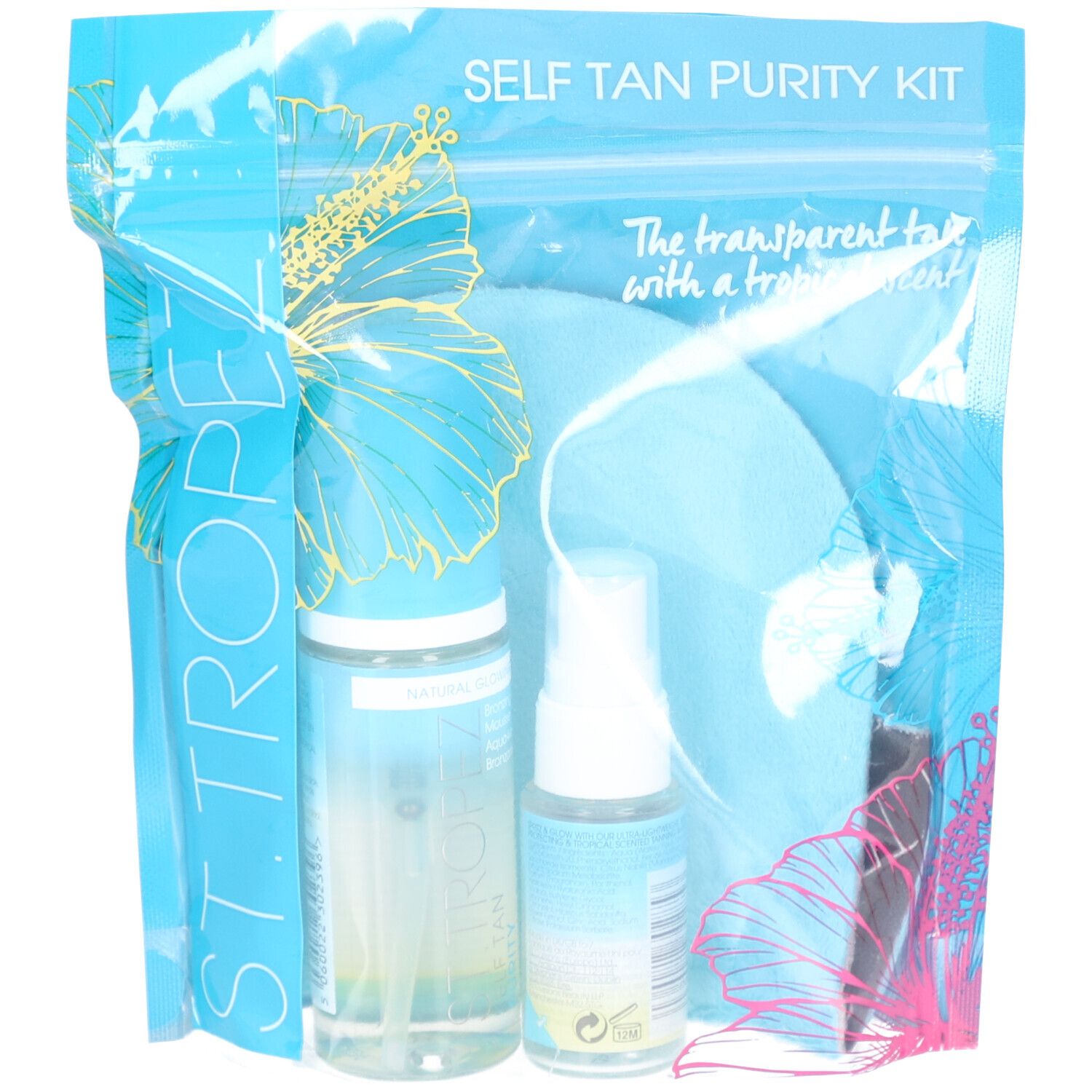 Kit de trois produits dans un emballage transparent. Comprend un flacon pulvérisateur, un flacon avec atomiseur et un applicateur. Marque : ST. TROPEZ.