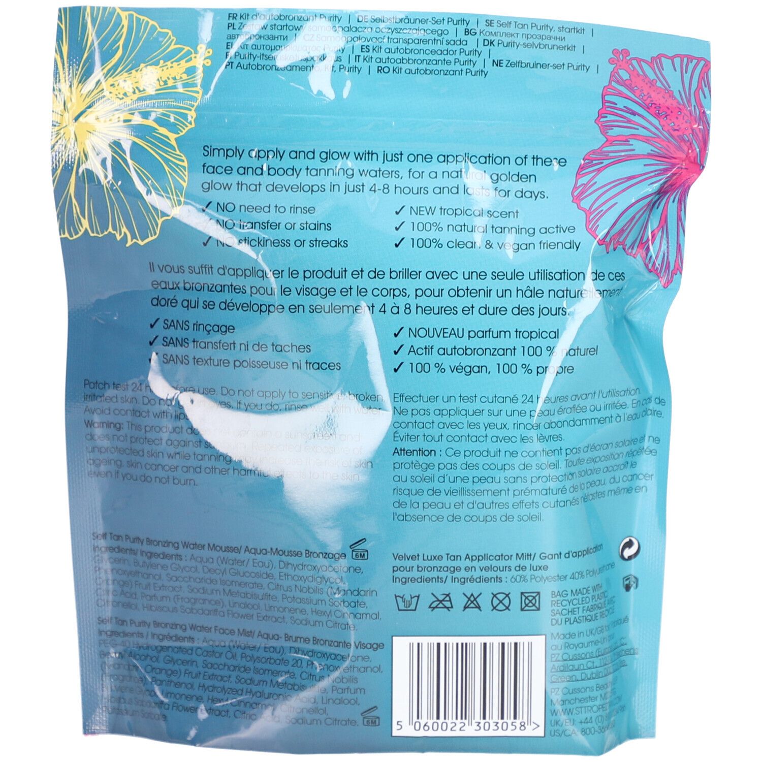 Dos de l'emballage avec texte et ingrédients. Contient des informations sur le produit et son utilisation. Marque : ST. TROPEZ.