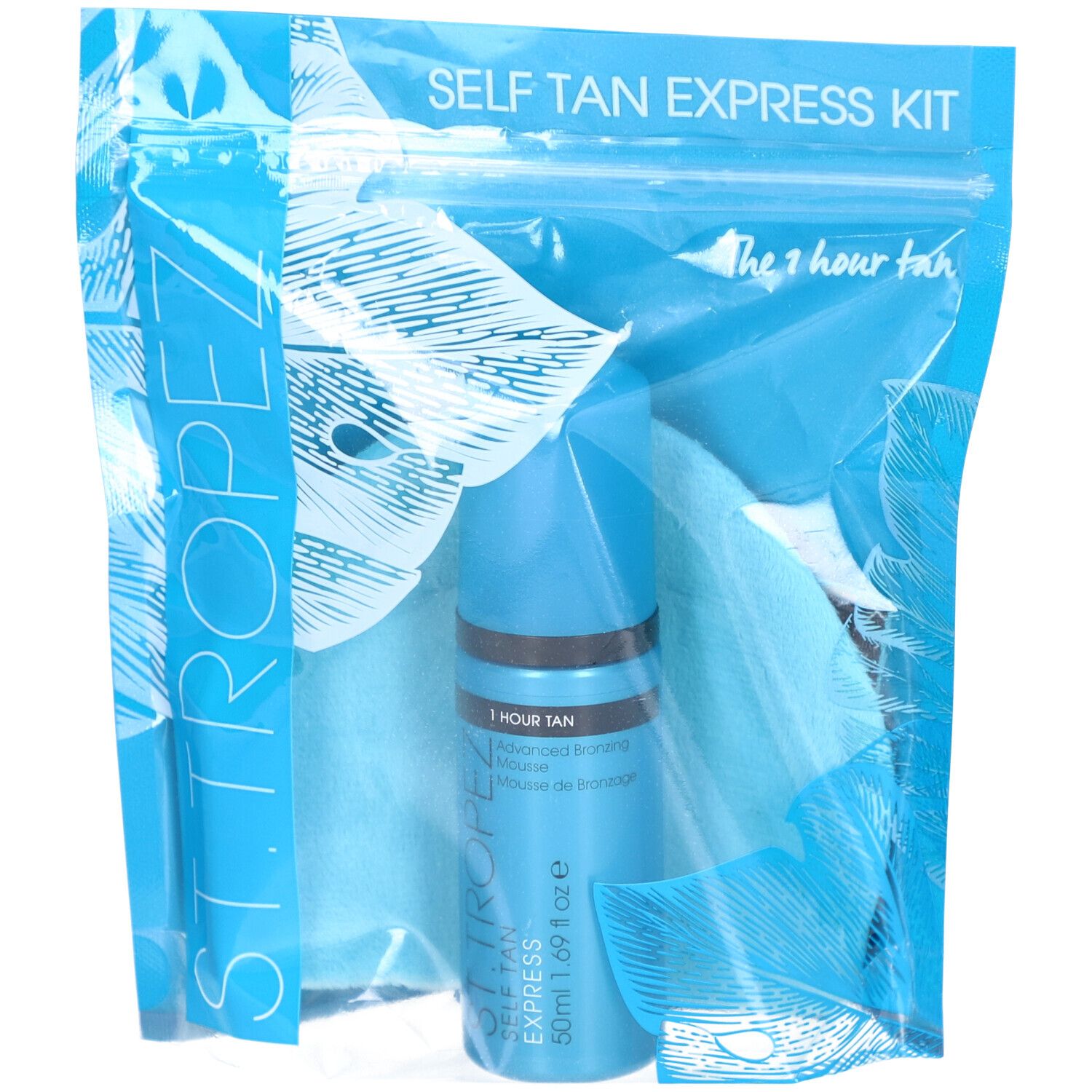 Kit de démarrage ST TROPEZ SUNCARE Express bleu. Comprend une bouteille, un applicateur et un sac. Inscription : 1 Hour Tan.