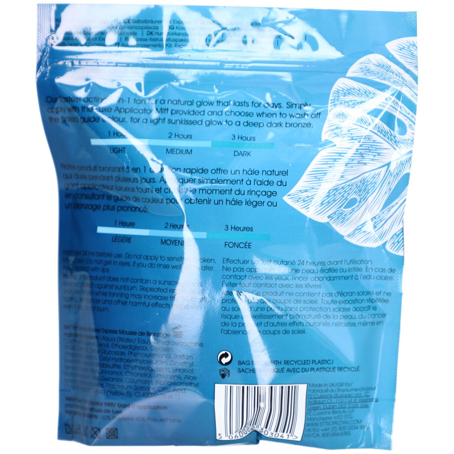 Dos du pack ST TROPEZ SUNCARE Express Starter Kit. Informations textuelles multilingues. Comprend des instructions.