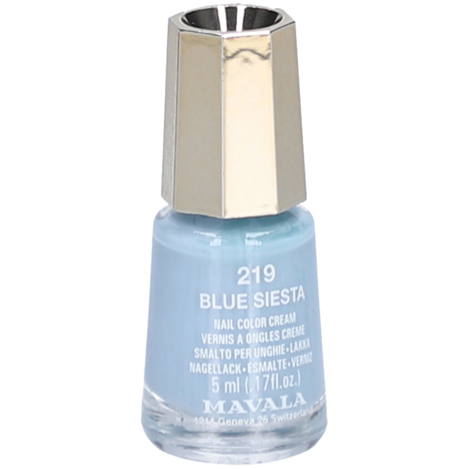 Vernis à ongles bleu clair en flacon de verre avec bouchon doré. Inscription : 219 Blue Siesta, Nail Color Cream, 5 ml.