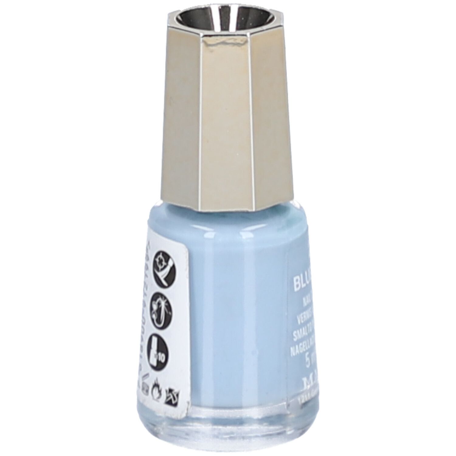 Vernis à ongles bleu clair en flacon de verre avec bouchon doré. Symboles et texte sur le côté. Nom du produit illisible.