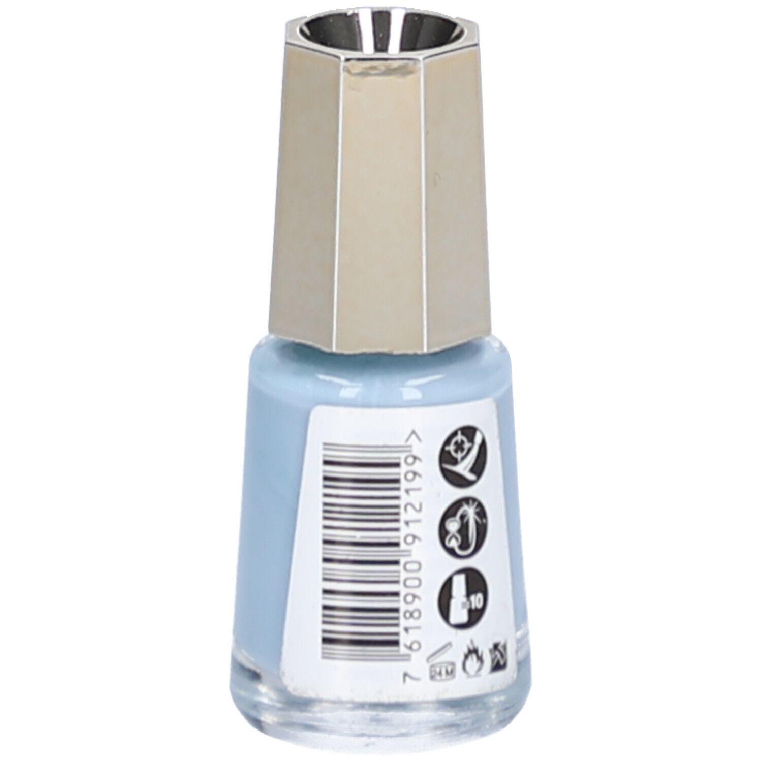 Vernis à ongles bleu clair en flacon de verre avec bouchon doré. Code-barres et symboles sur le côté. Nom du produit illisible.