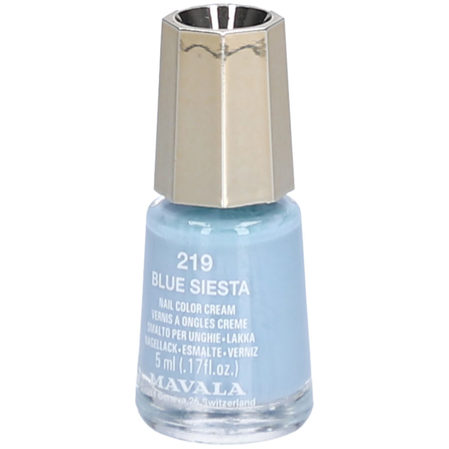 Vernis à ongles bleu clair en flacon de verre avec bouchon doré. Inscription : 219 Blue Siesta, Nail Color Cream, 5 ml.