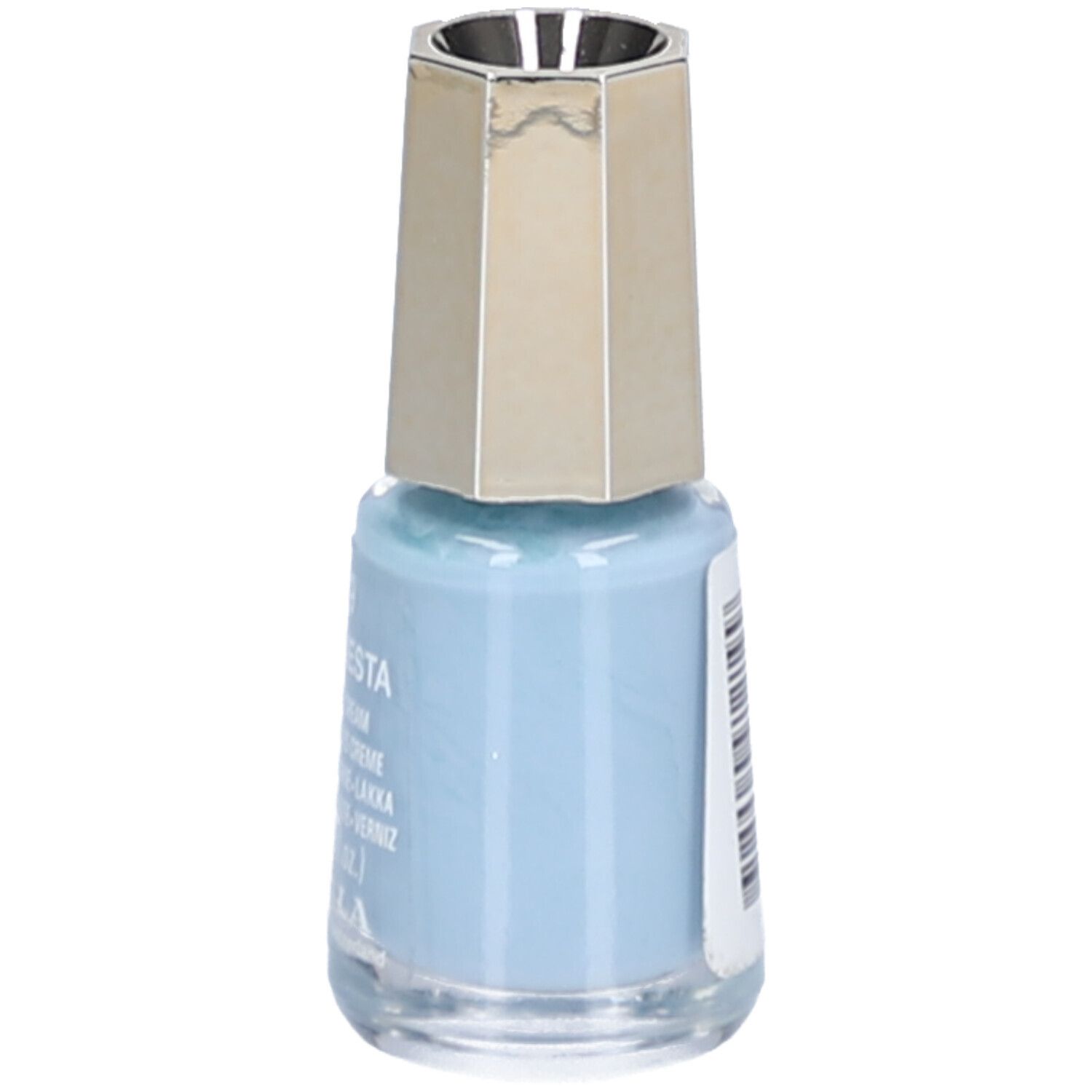 Vernis à ongles bleu clair en flacon de verre avec bouchon doré. Inscription : Blue Siesta, Nail Color Cream. Nom du produit partiellement lisible.
