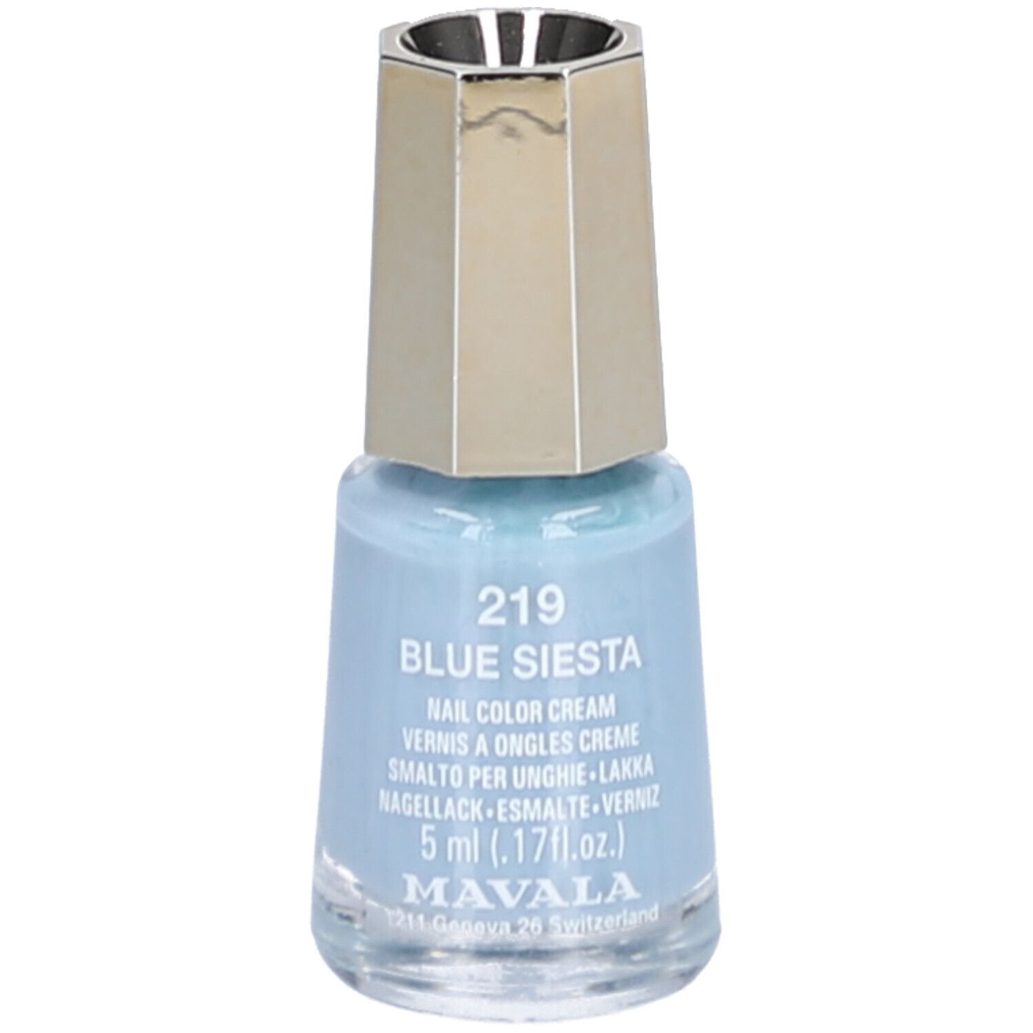 Vernis à ongles bleu clair en flacon de verre avec bouchon doré. Inscription : 219 Blue Siesta, Nail Color Cream, 5 ml.