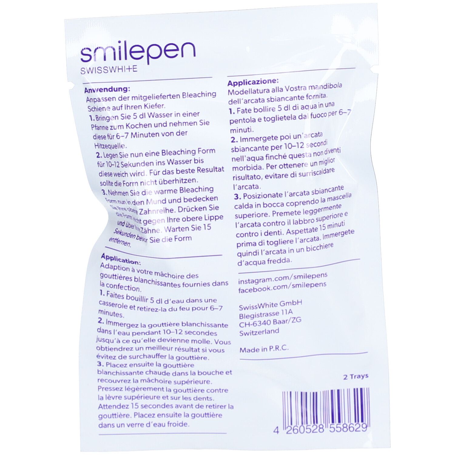 Achterkant van de verpakking met gebruiksaanwijzingen in het Duits, Frans en Italiaans. Bevat logo en contactgegevens.