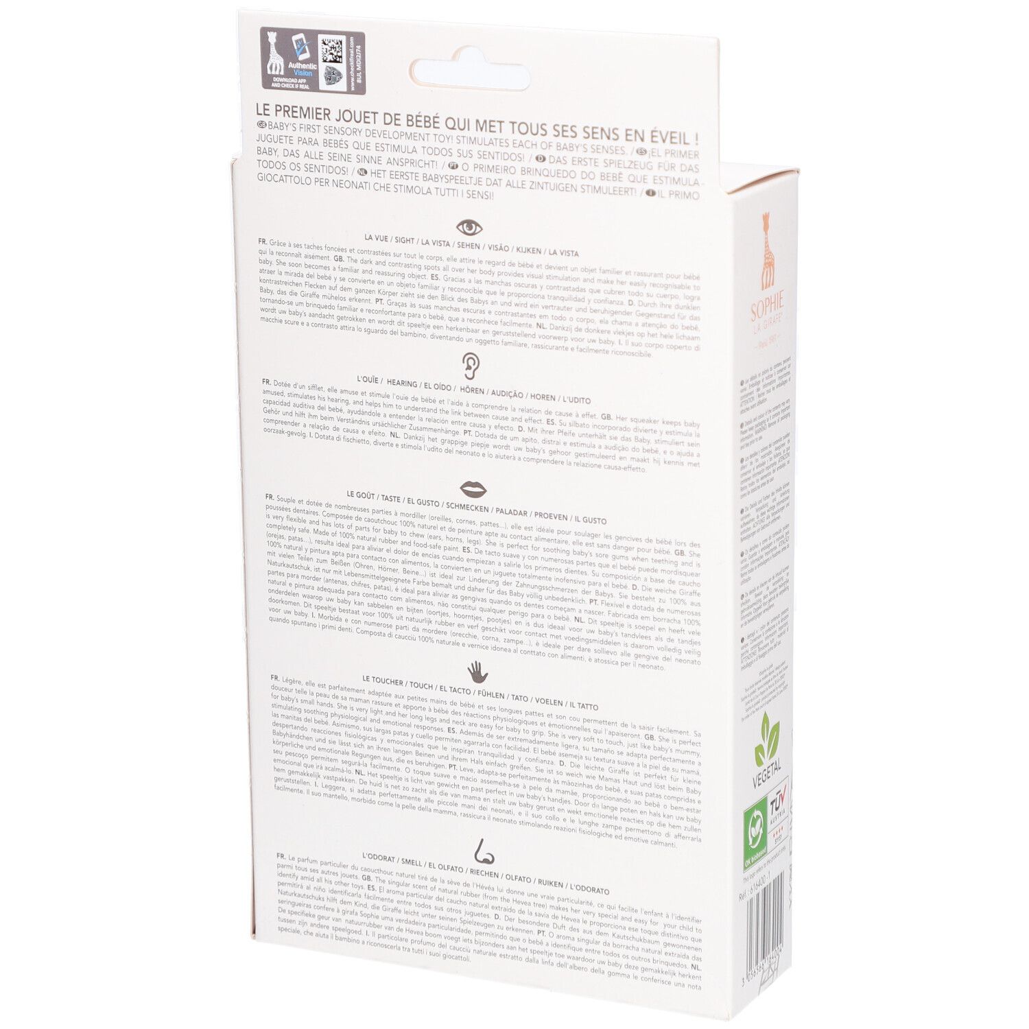 Dos de l'emballage du jouet girafe. Texte multilingue. Illustrations et certifications.