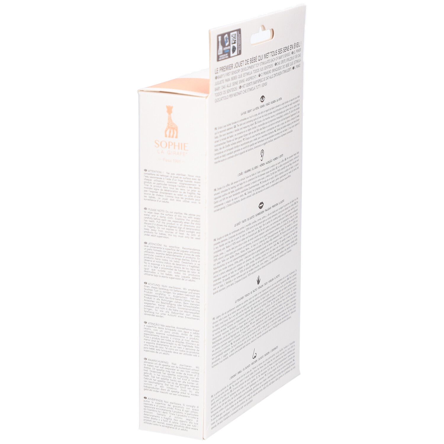 Vue latérale de l'emballage du jouet girafe. Texte multilingue. Logo et illustrations.