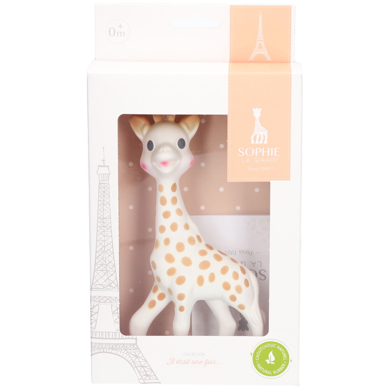 Jouet de bébé girafe en boîte. Blanc avec taches marron. Fenêtre, logo et texte sur l'emballage.