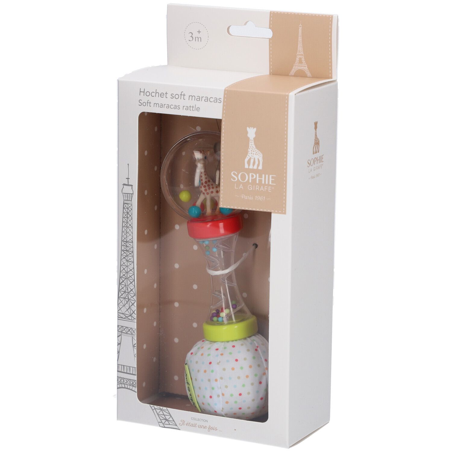 Maracas Rassel dans son emballage. Boîtier transparent avec billes colorées et girafe. Emballage avec nom et logo du produit.