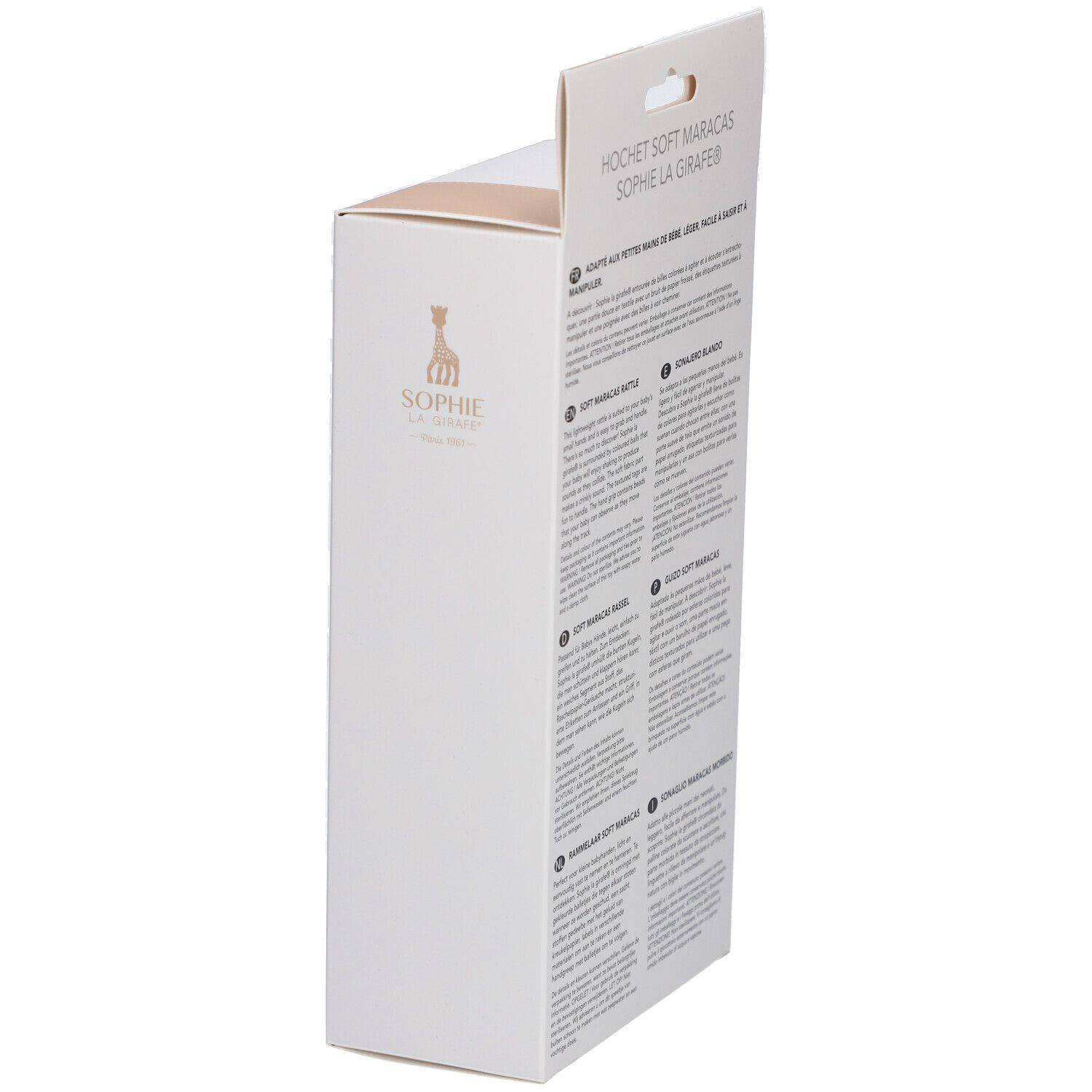 Vue latérale de l'emballage. Nom et logo du produit. Texte en plusieurs langues. Informations sur le produit.