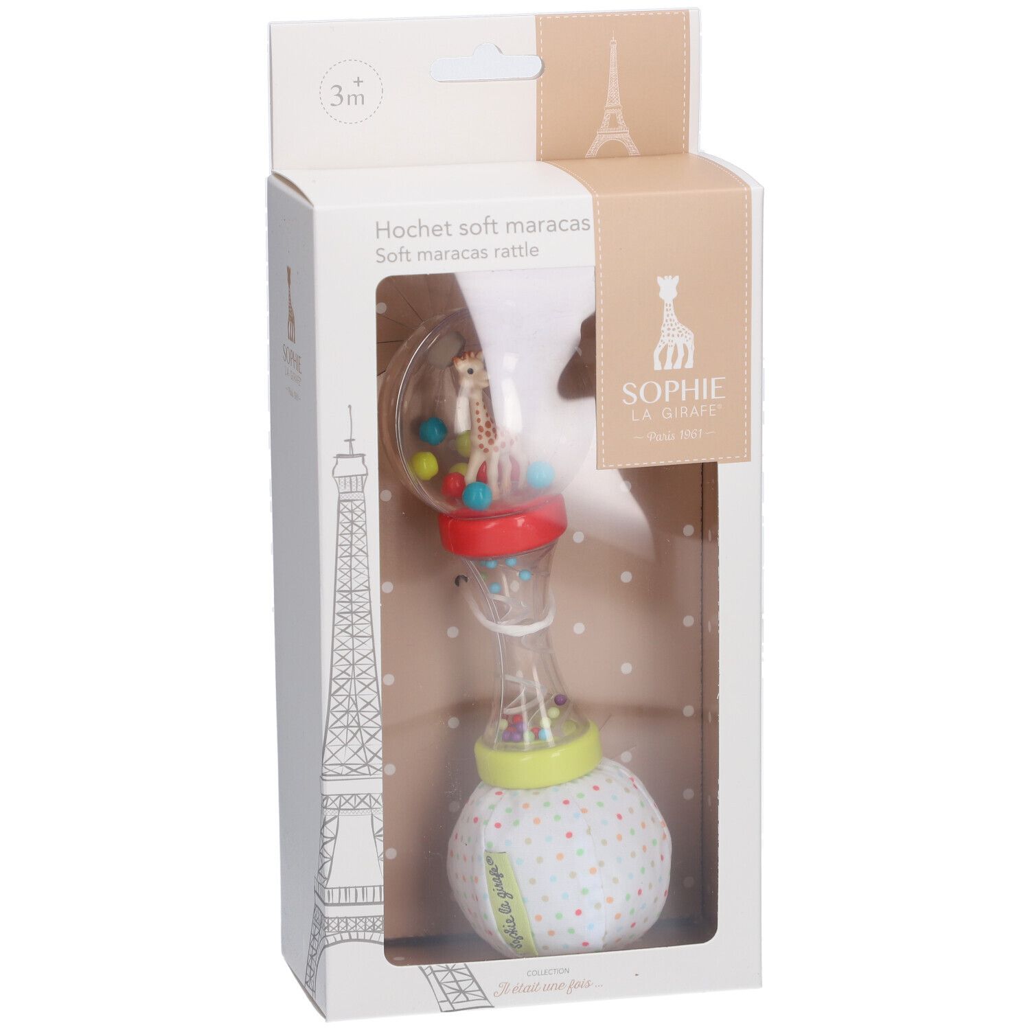 Maracas Rassel dans son emballage. Boîtier transparent avec billes colorées et girafe. Emballage avec nom et logo du produit.