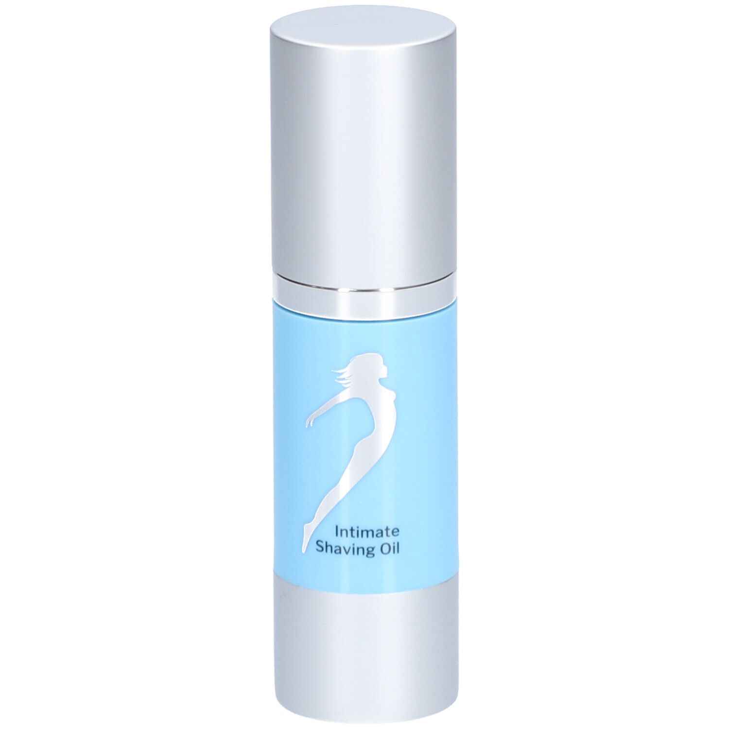 Cilindrische fles met zilveren dop. Lichtblauwe sticker met zilver silhouet en tekst: Intimate Shaving Oil.
