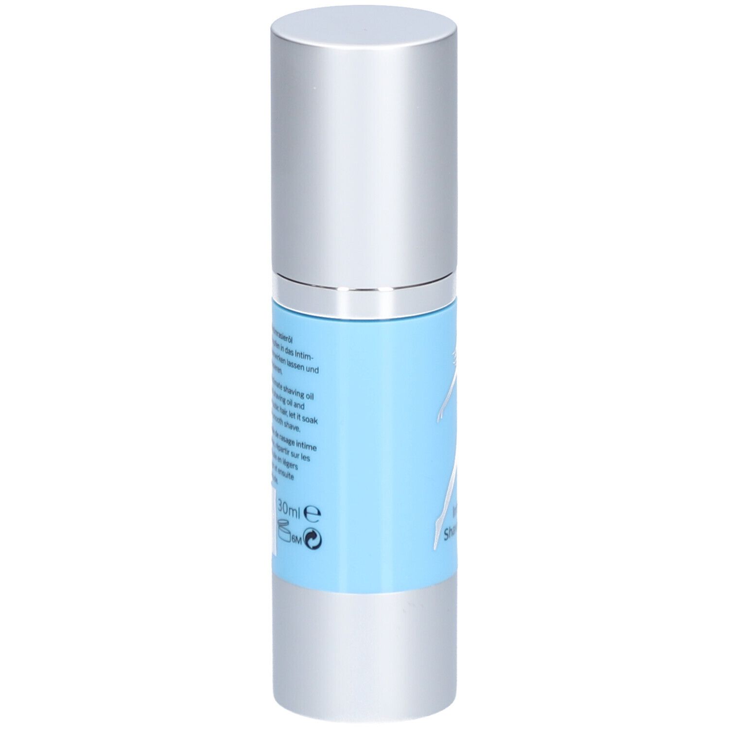 Cilindrische fles met zilveren dop. Lichtblauwe sticker met tekst en zilver silhouet. Productinformatie op de achterkant.