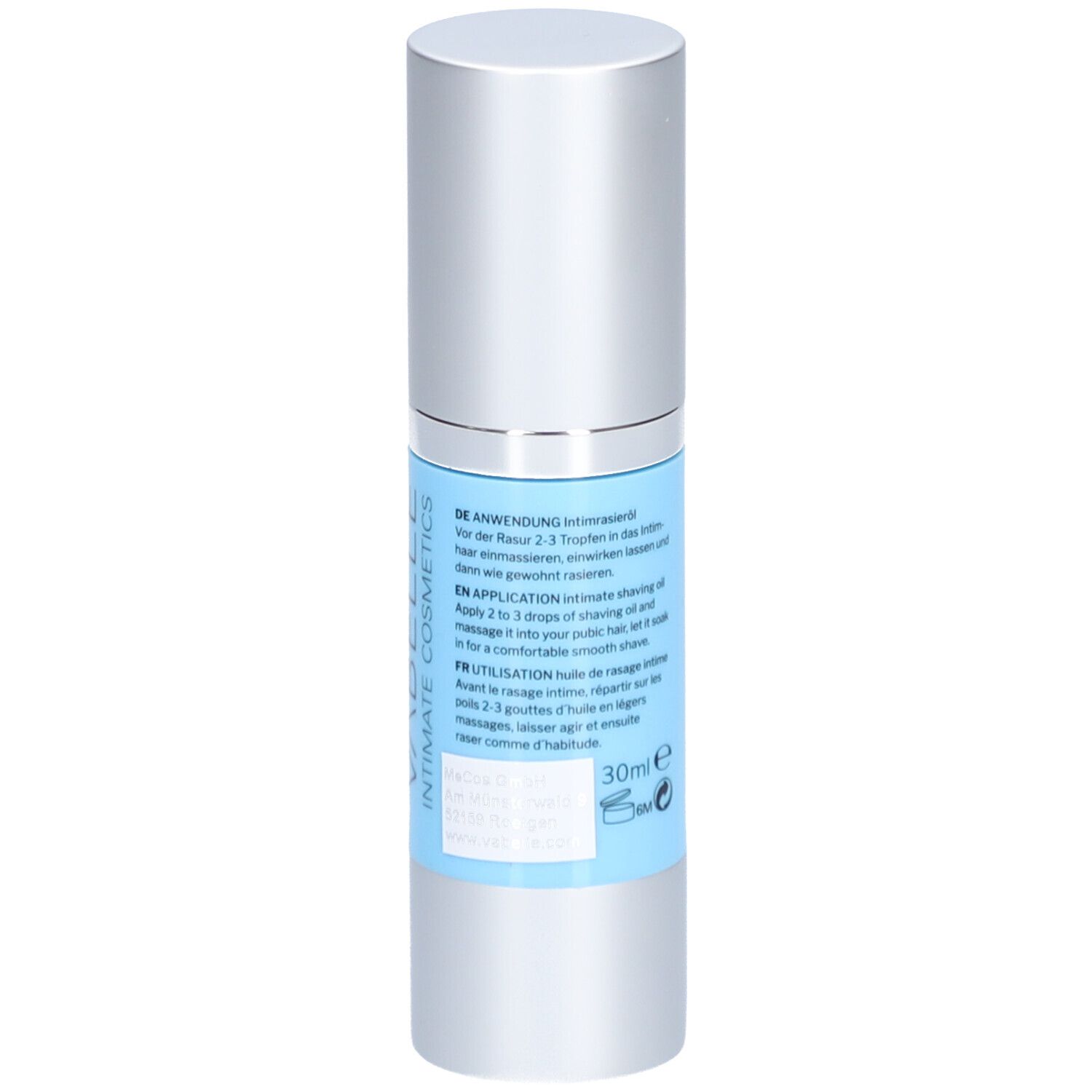 Cilindrische fles met zilveren dop. Lichtblauwe sticker met tekst en zilver silhouet. Gebruiksaanwijzing op de achterkant.